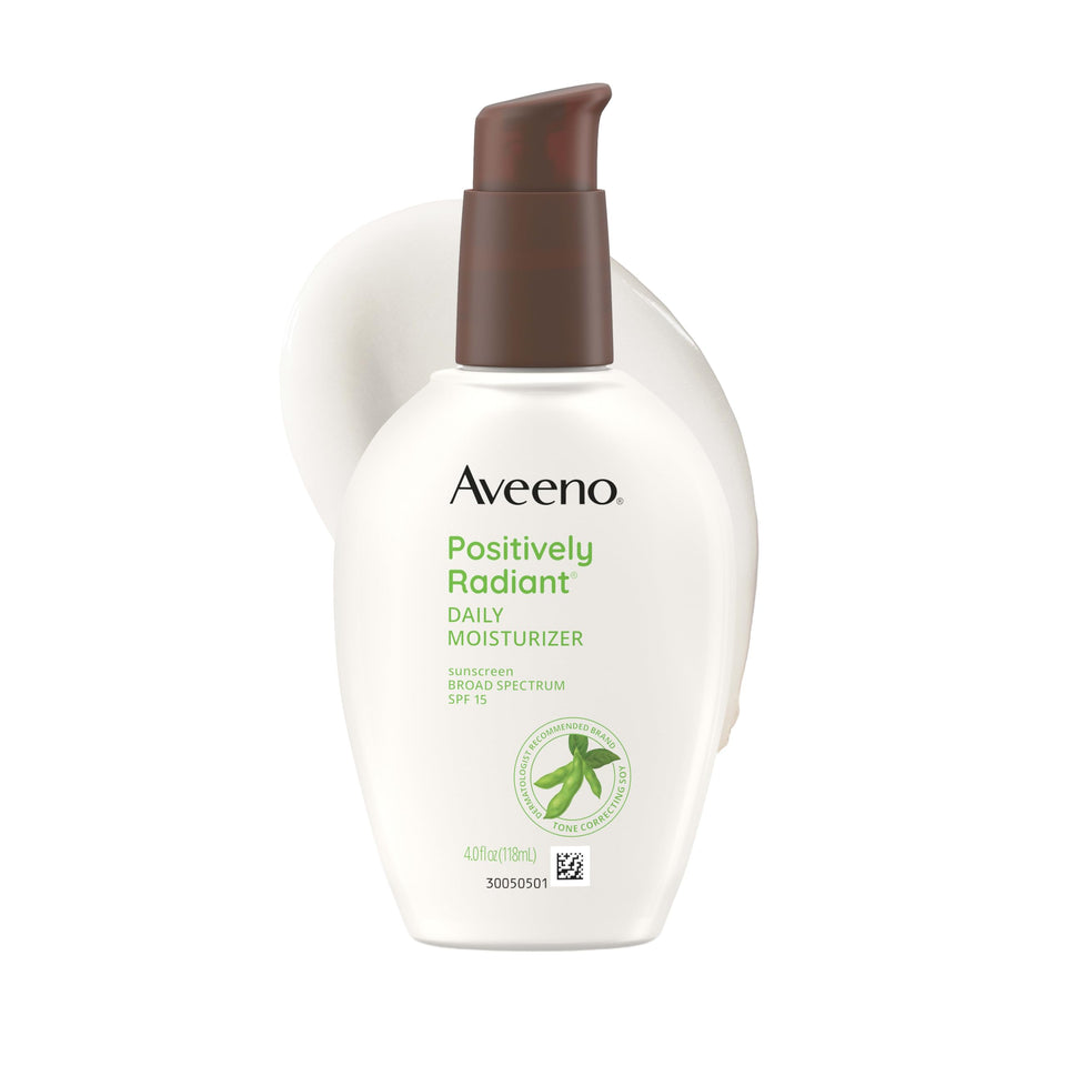 Aveeno front packaging showing SPF 15 and radiant benefits