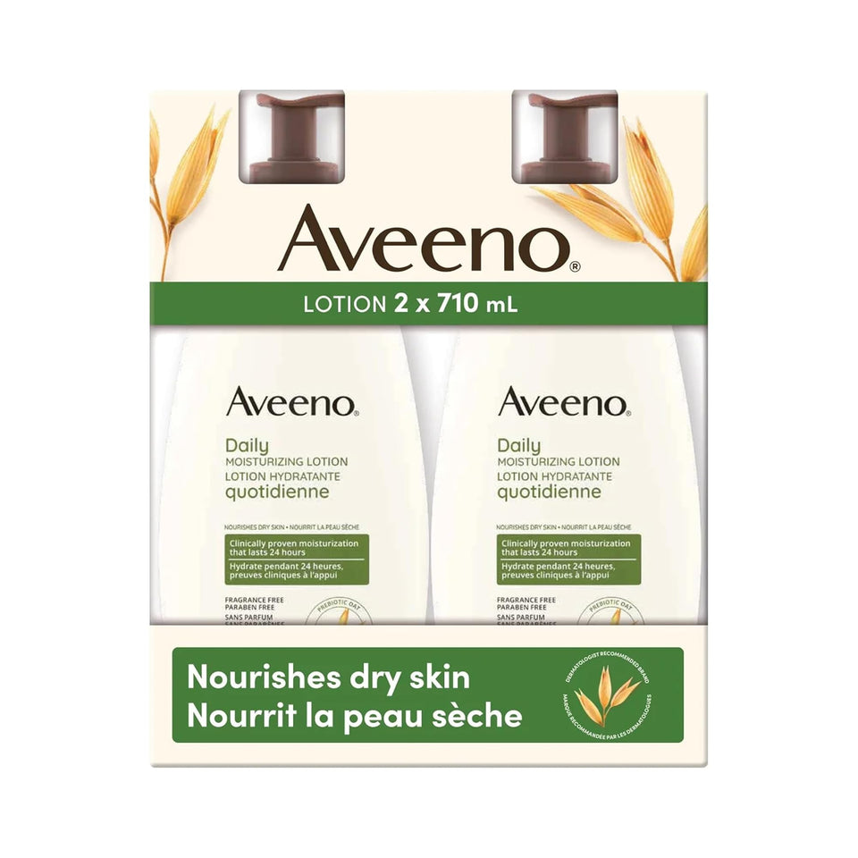 Aveeno front packaging pumps showing full two-bottle value pack for daily moisturizing