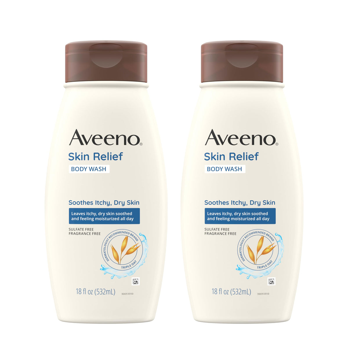 Aveeno front packaging showing twin bottles and soothing benefits