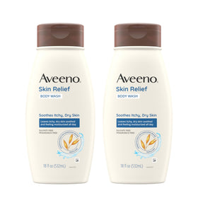 Aveeno front packaging showing twin bottles and soothing benefits