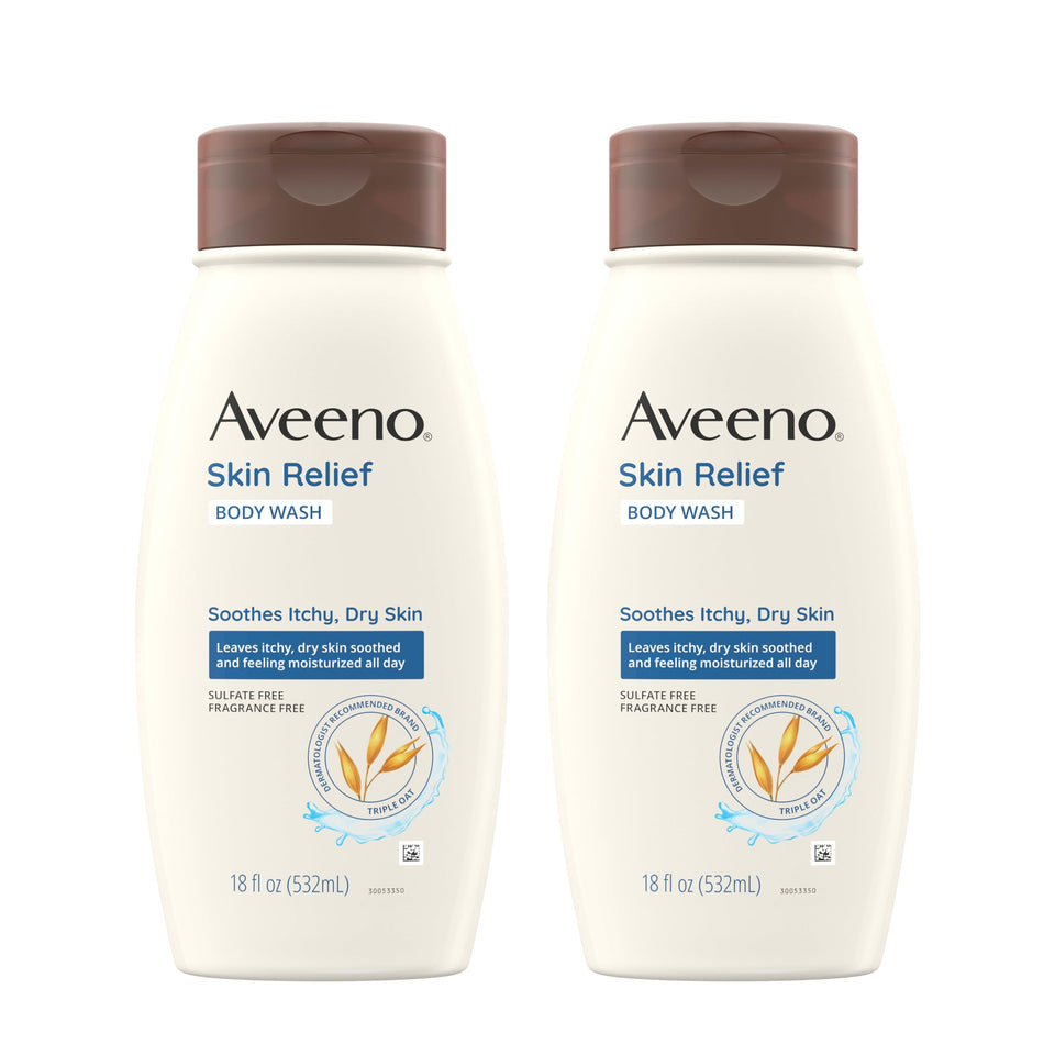 Aveeno front packaging showing twin bottles and soothing benefits