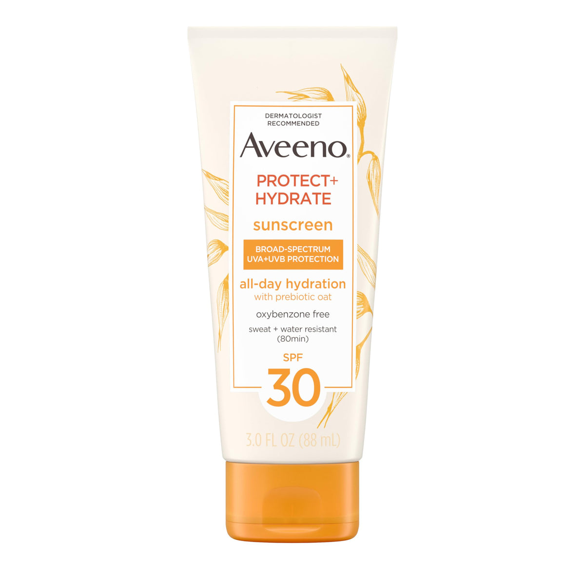Aveeno front packaging SPF 30 showing travel-size bottle and clear protection benefit