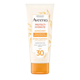 Aveeno front packaging SPF 30 showing travel-size bottle and clear protection benefit