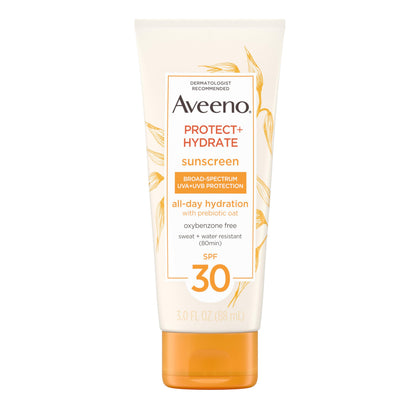 Aveeno front packaging SPF 30 showing travel-size bottle and clear protection benefit