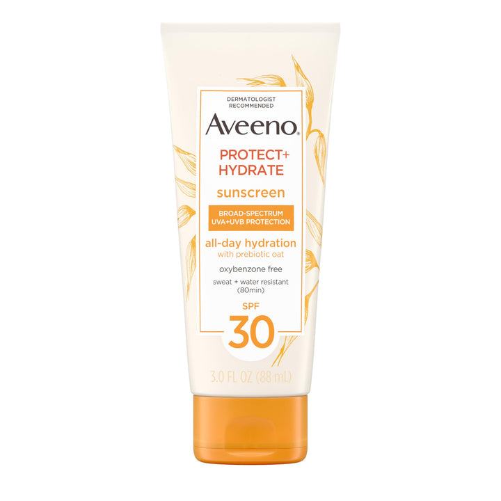 Aveeno front packaging SPF 30 showing travel-size bottle and clear protection benefit
