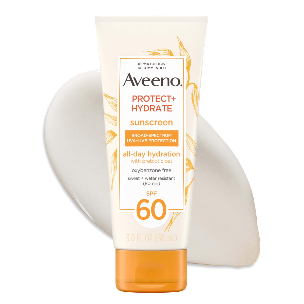 Aveeno front packaging SPF 60 showing compact travel tube and label benefit