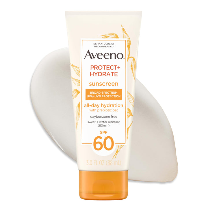 Aveeno front packaging SPF 60 showing compact travel tube and label benefit