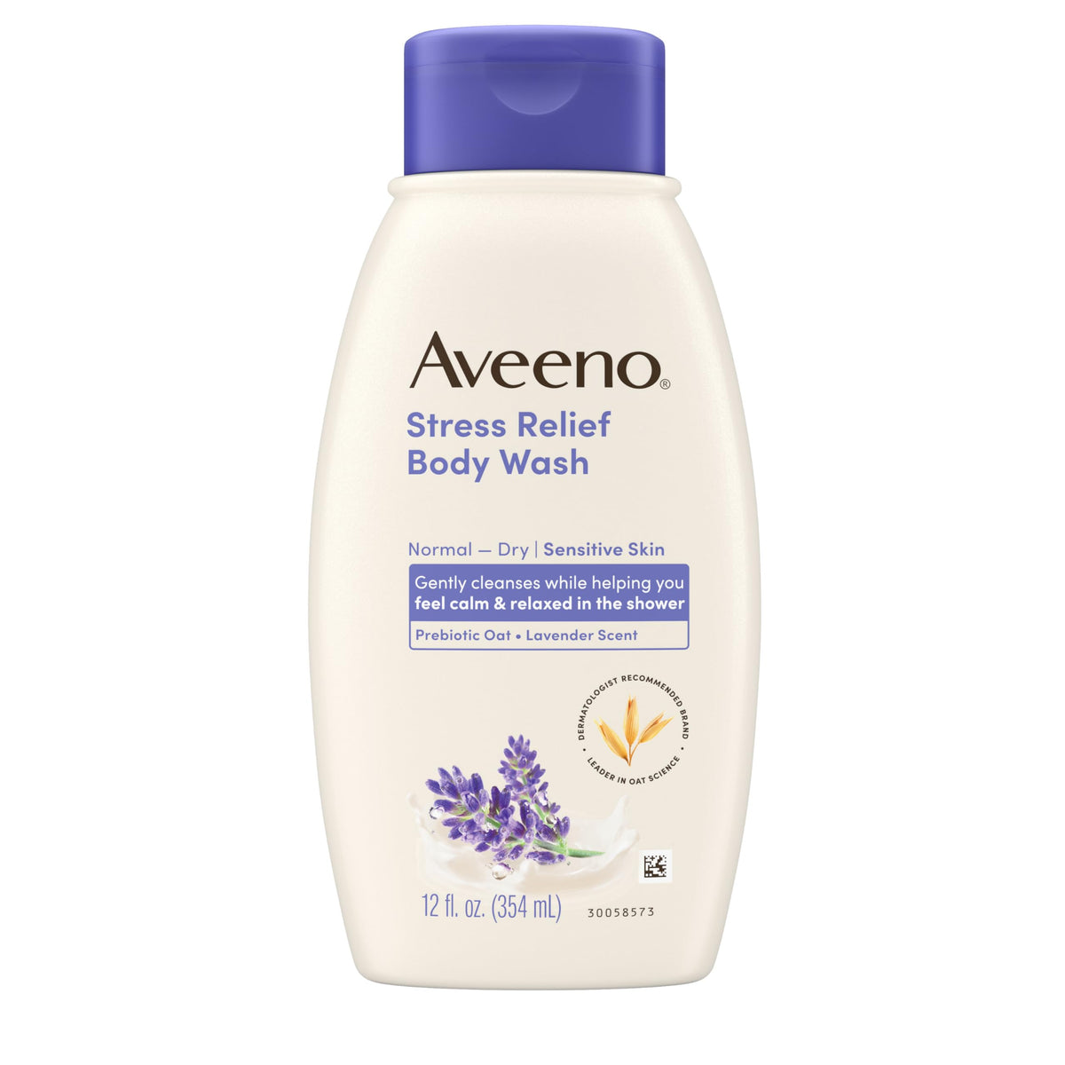 Aveeno bottle front packaging showing calming lavender and oat benefits