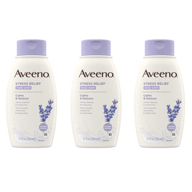 Aveeno front packaging showing bottle trio and calming lavender scent for reassurance
