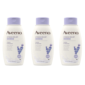 Aveeno front packaging showing bottle trio and calming lavender scent for reassurance