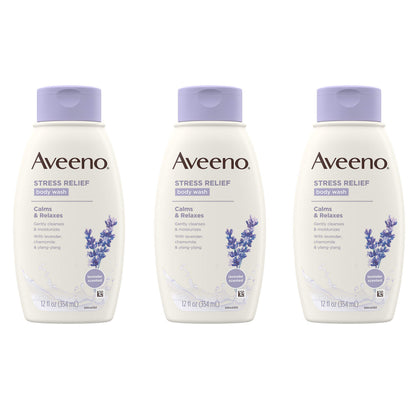 Aveeno front packaging showing bottle trio and calming lavender scent for reassurance