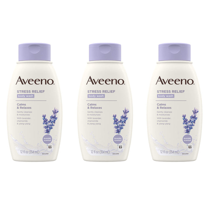 Aveeno front packaging showing bottle trio and calming lavender scent for reassurance
