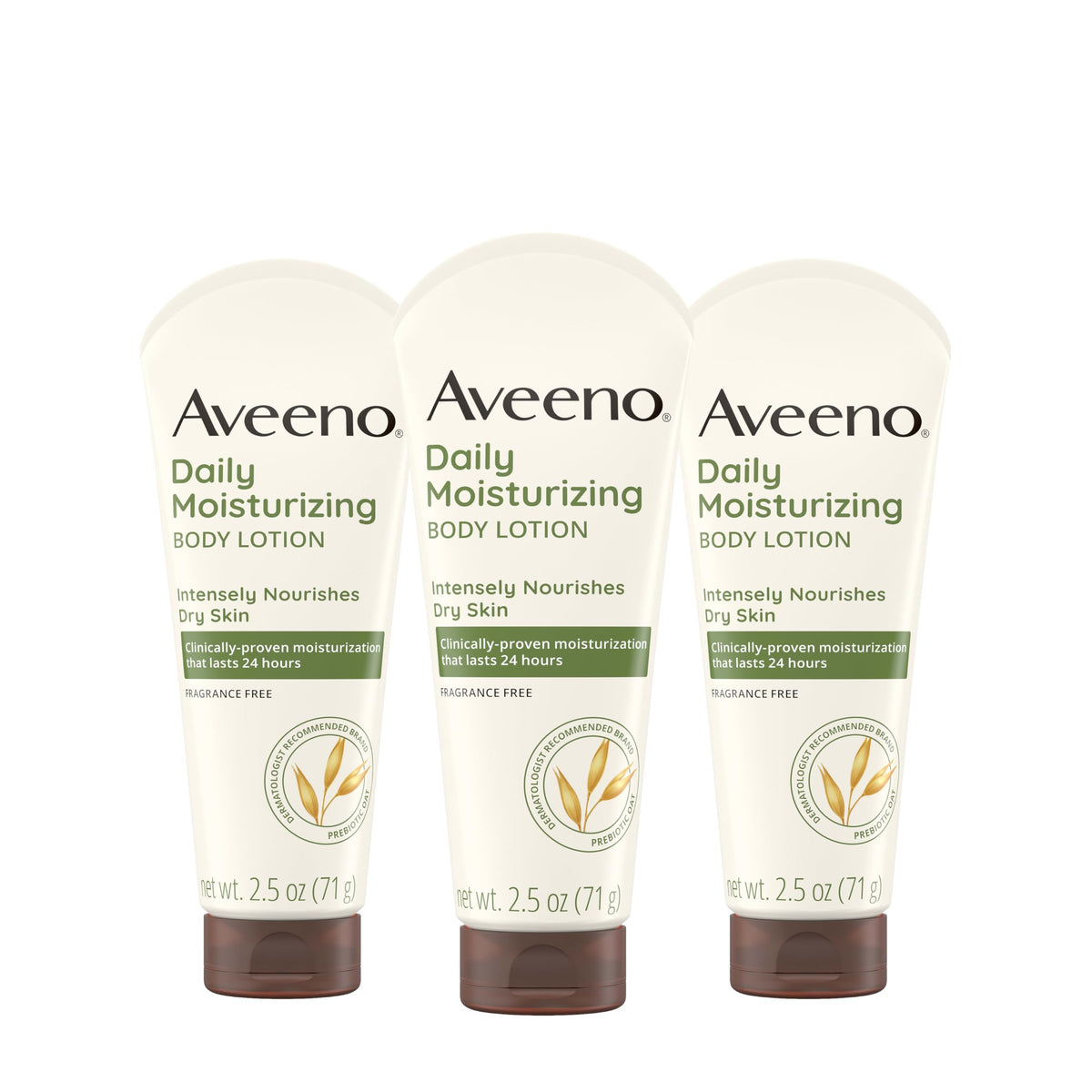 Aveeno front packaging travel 3-pack showing compact bottles and brand benefit