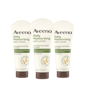Aveeno front packaging travel 3-pack showing compact bottles and brand benefit