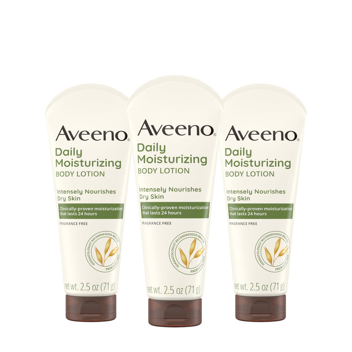 Aveeno front packaging travel 3-pack showing compact bottles and brand benefit