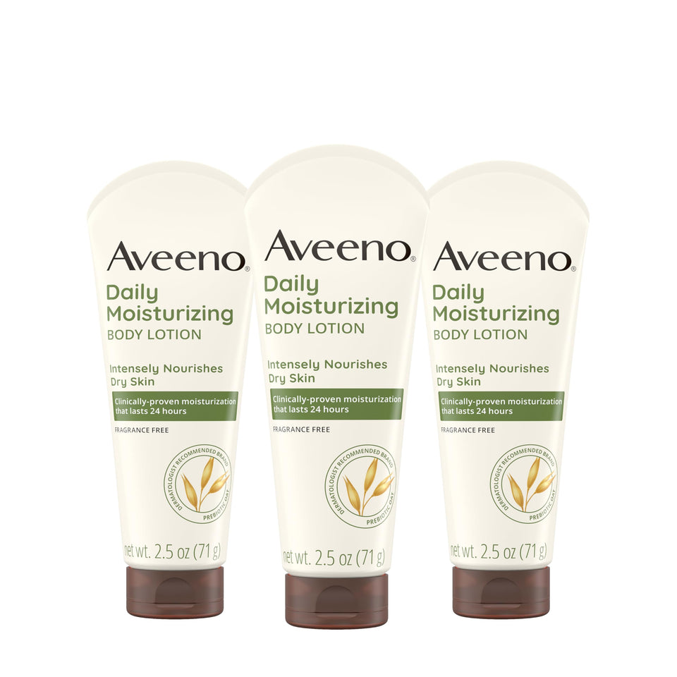 Aveeno front packaging travel 3-pack showing compact bottles and brand benefit