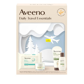Aveeno travel set front packaging showing four TSA-friendly items and convenience