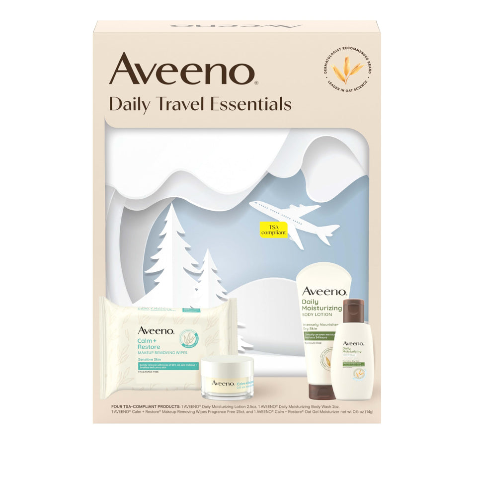 Aveeno travel set front packaging showing four TSA-friendly items and convenience