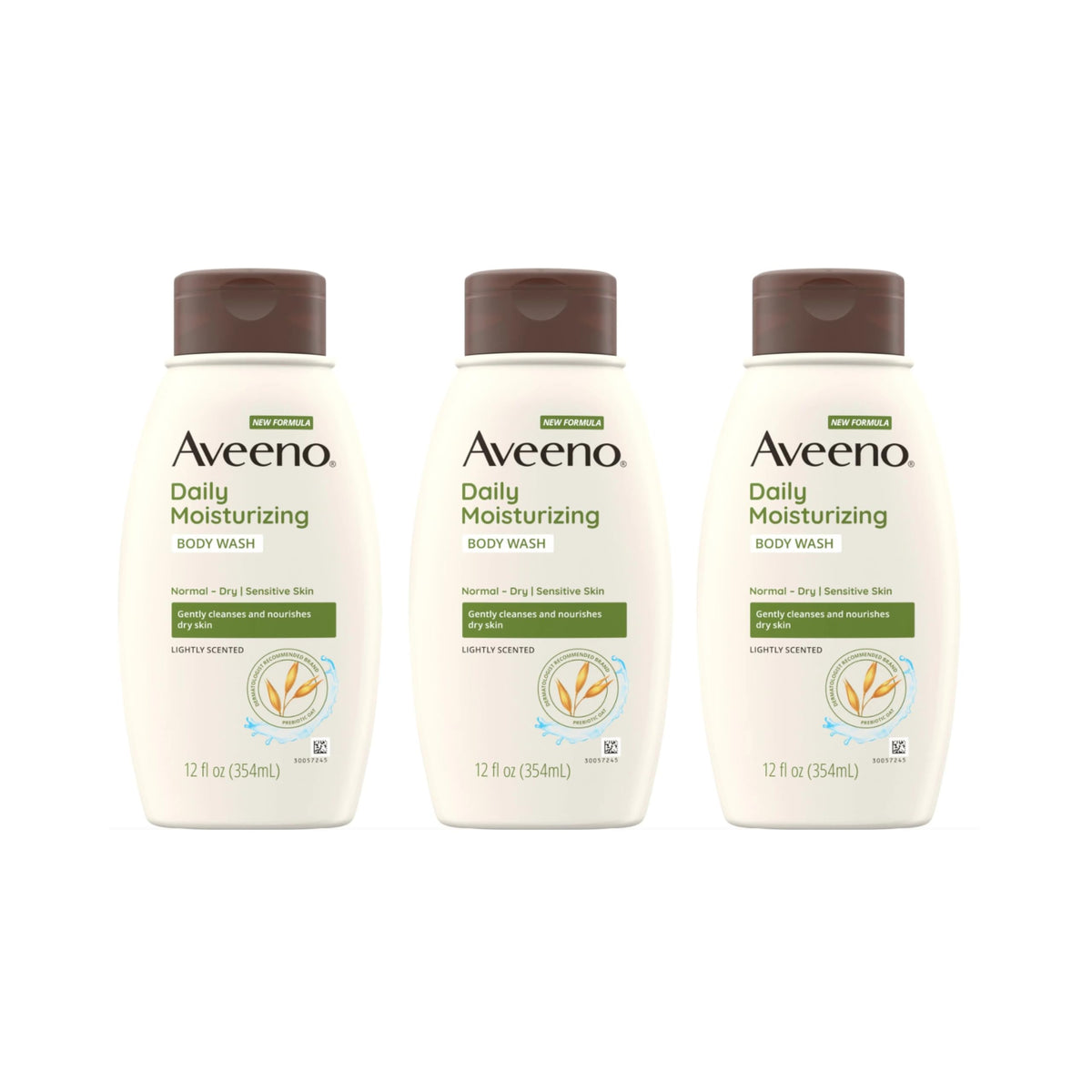 Aveeno front packaging showing three bottles and benefits