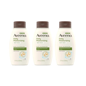 Aveeno front packaging showing three bottles and benefits