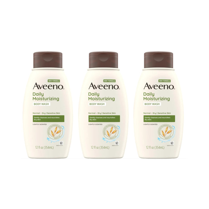 Aveeno front packaging showing three bottles and benefits