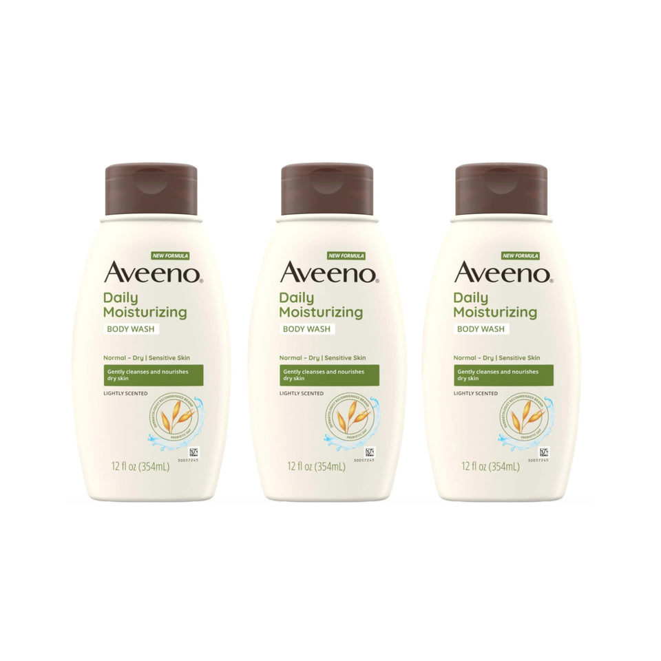 Aveeno front packaging showing three bottles and benefits