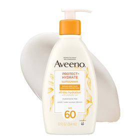 Aveeno front pump bottle showing label and SPF 60 protection benefit