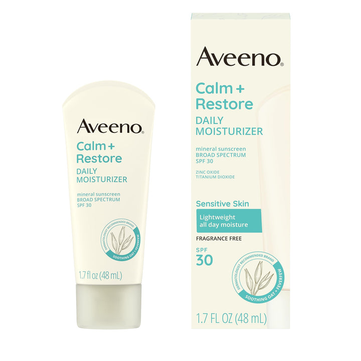 Aveeno front tube showing Calm + Restore SPF 30 and travel size benefits