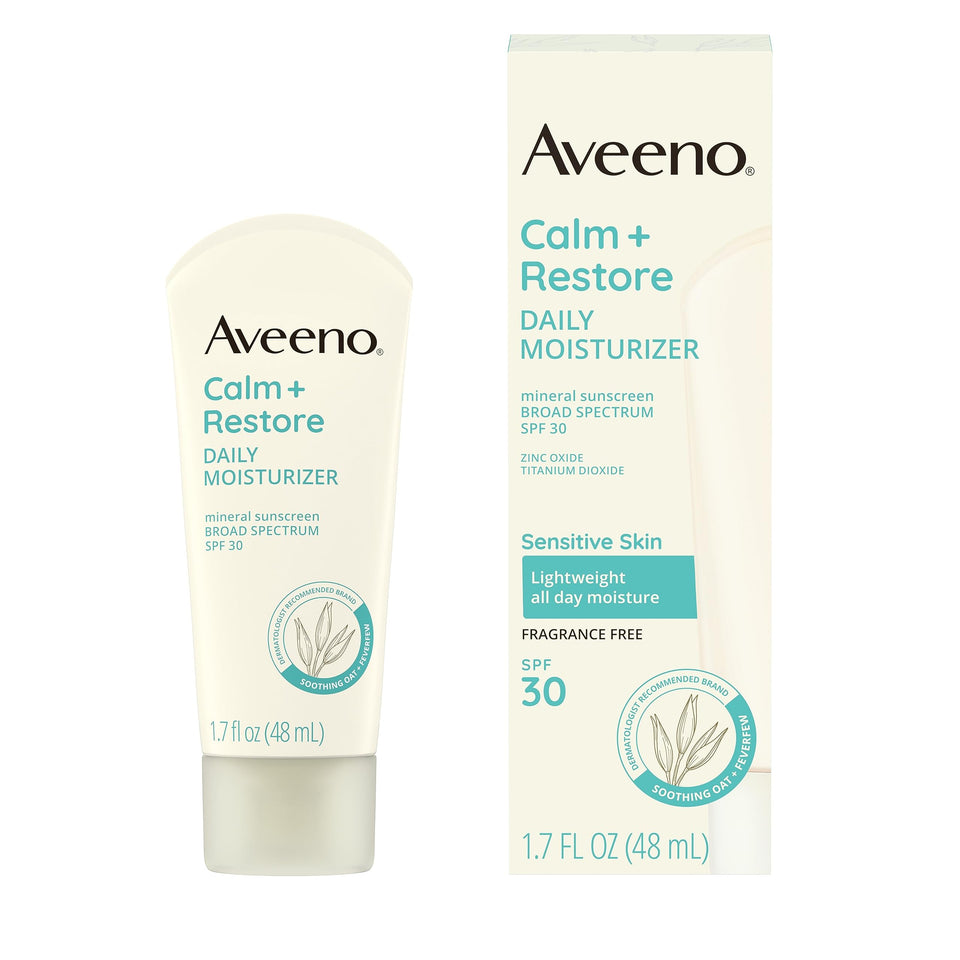 Aveeno front tube showing Calm + Restore SPF 30 and travel size benefits