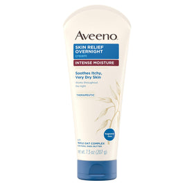 Aveeno front tube showing product name and 7.3 oz size, clear benefit: overnight hydration