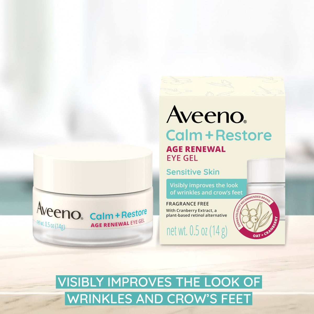 Aveeno jar open close-up of gel texture, highlights lightweight hydrating feel