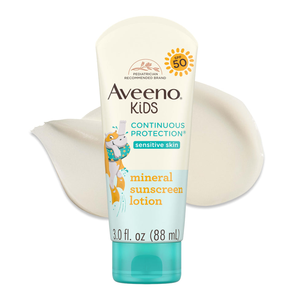 Aveeno kids front packaging showing SPF 50 and zinc oxide benefit