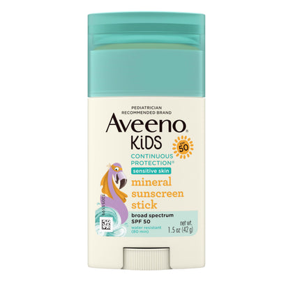 Aveeno kids zinc oxide stick front packaging shows clear SPF 50 protection
