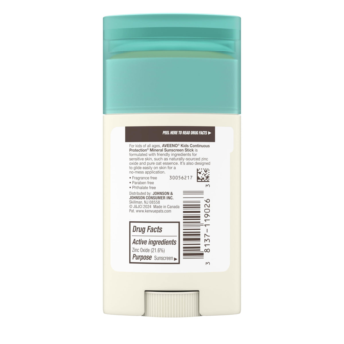 Aveeno kids stick next to ruler showing compact 1.5 oz travel size
