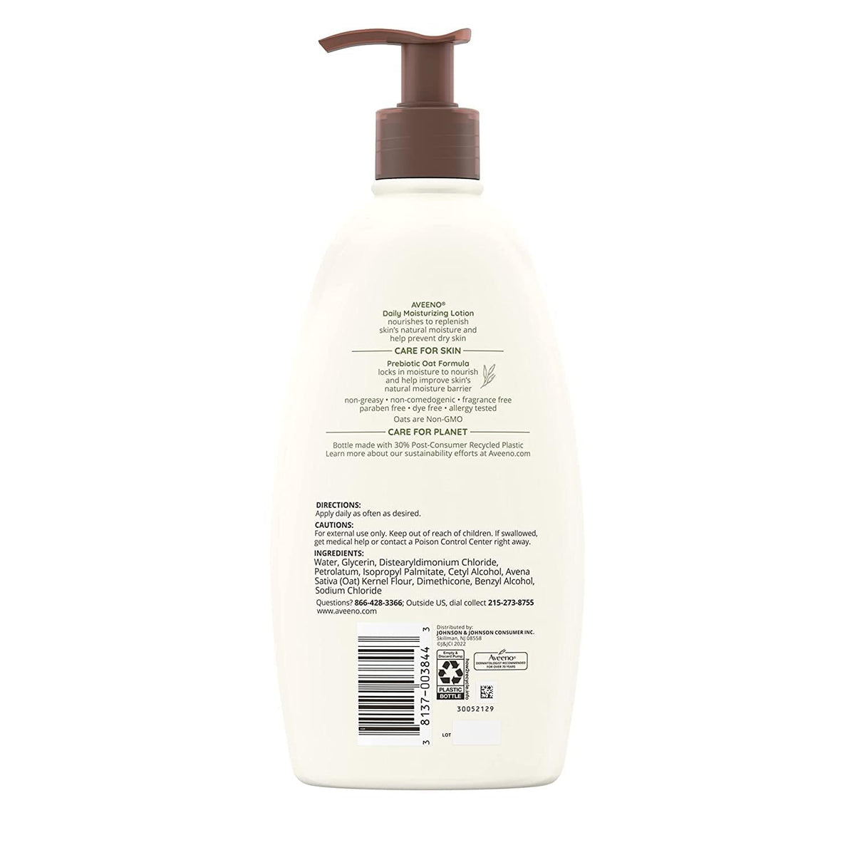 Aveeno label close-up showing non-comedogenic and fragrance-free benefits