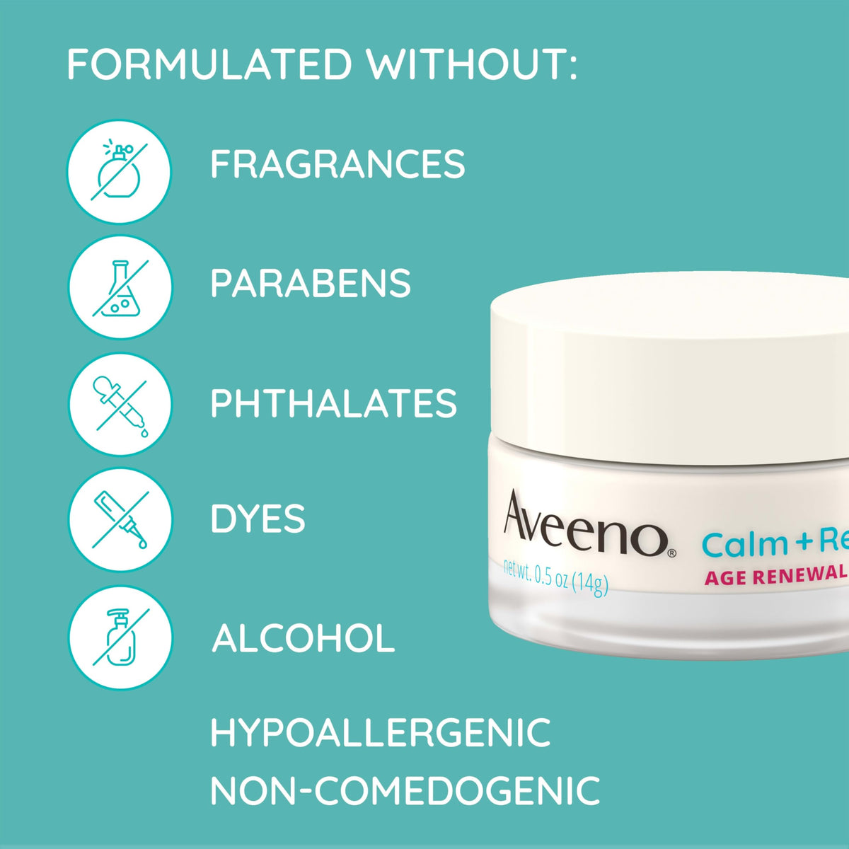Aveeno label close-up of ingredients list, reassures fragrance-free formulation