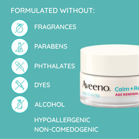 Aveeno label close-up of ingredients list, reassures fragrance-free formulation