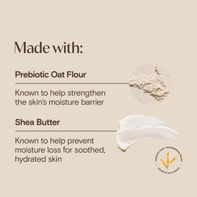 Aveeno label highlighting prebiotic oat and shea butter benefits
