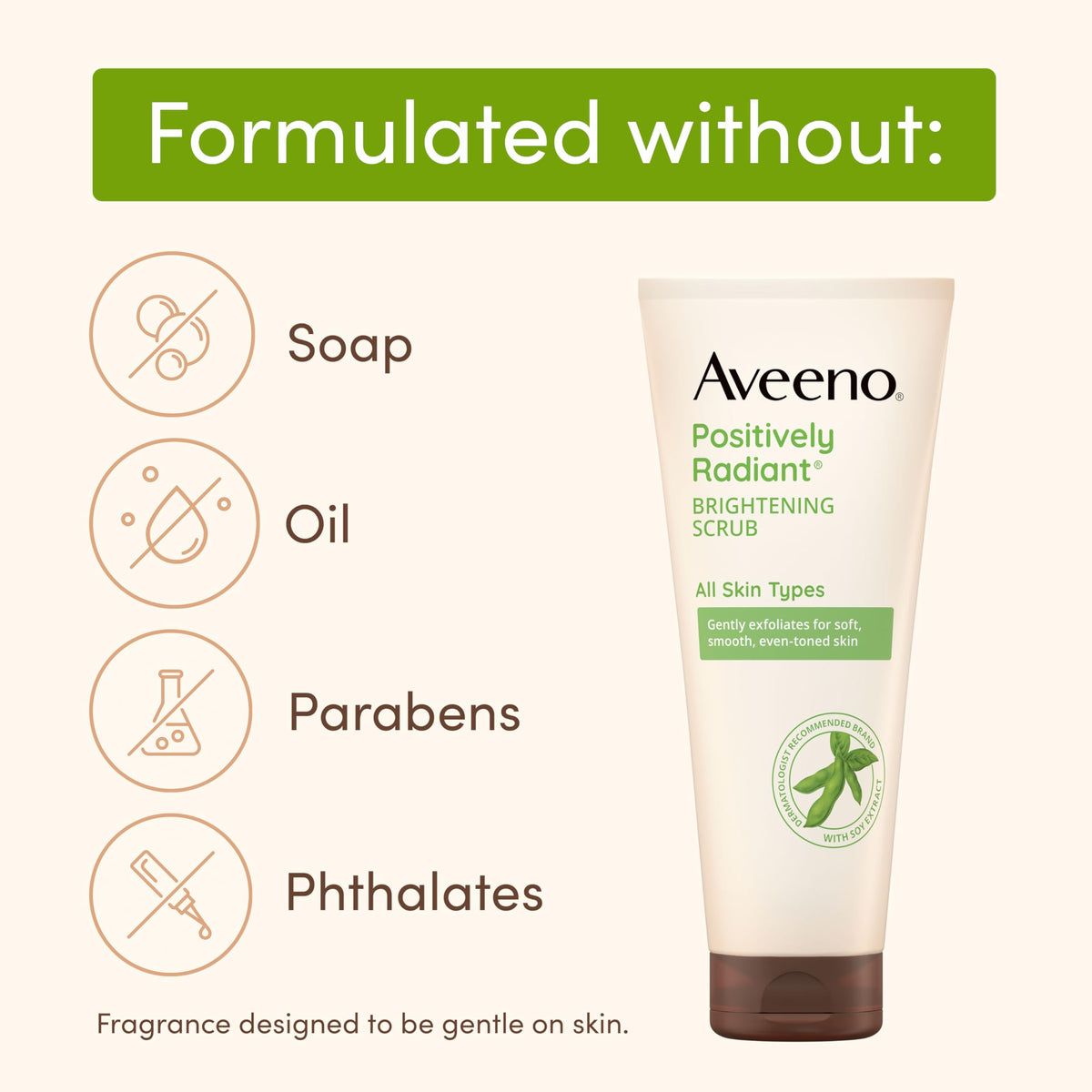 Aveeno product label highlighting soy extract and ingredients for brighter, even-looking skin