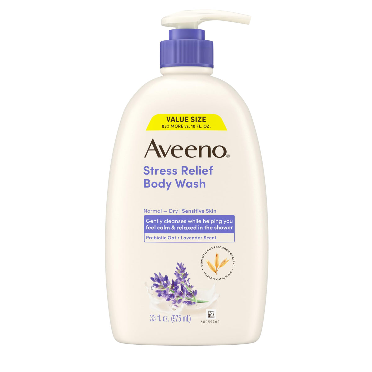 Aveeno front packaging showing lavender scent and 33 fl oz value size benefit