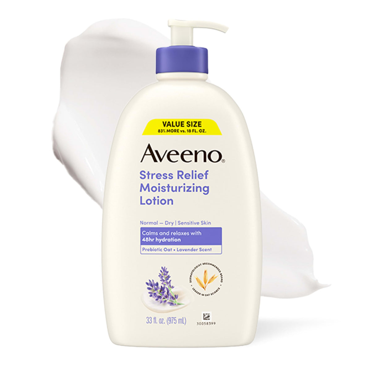 Aveeno front packaging showing lavender-scented lotion and benefits