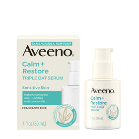 Serum on bathroom vanity staged in lifestyle scene showing Aveeno routine benefit