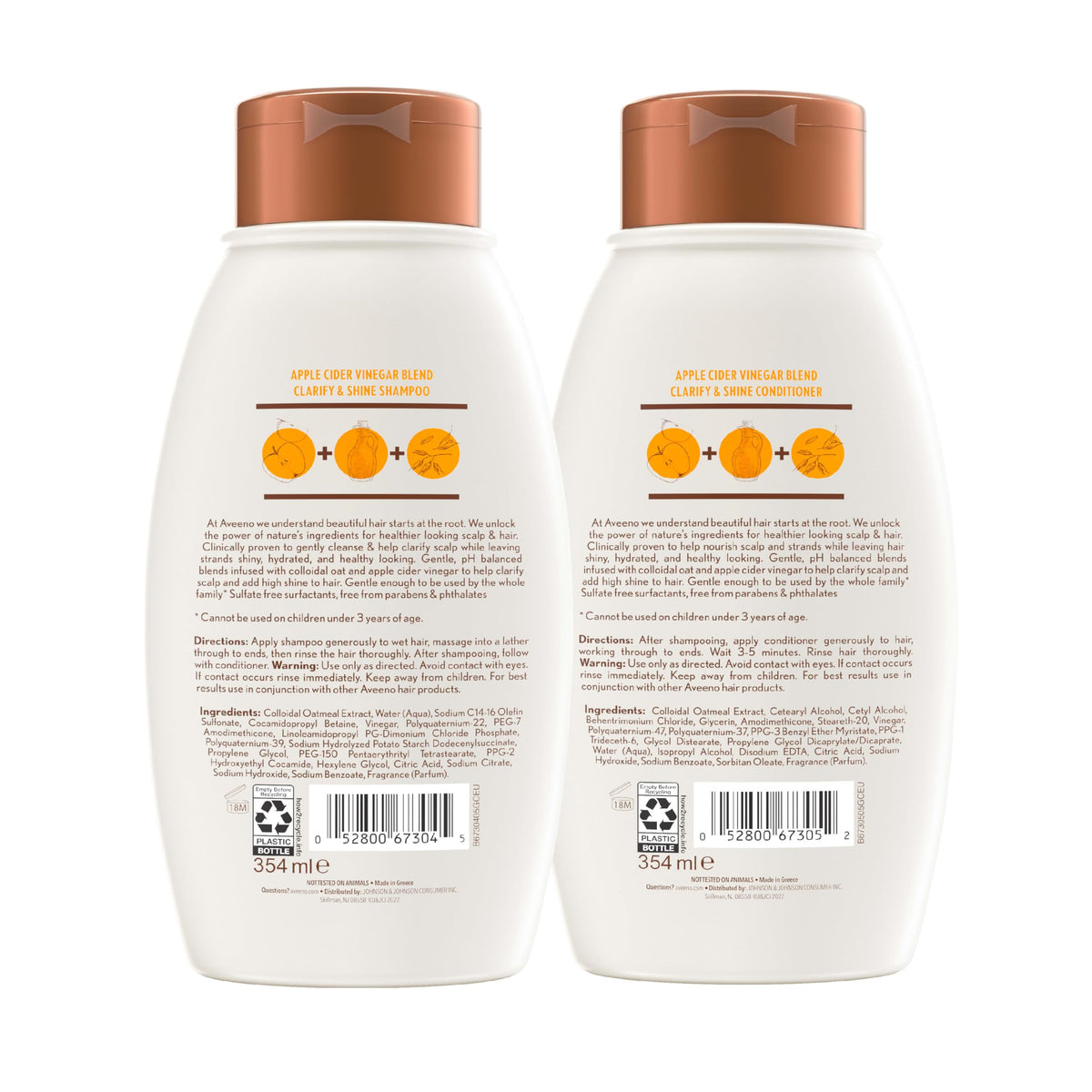 Before-and-after lifestyle shot showing hair shine improvement with Aveeno set