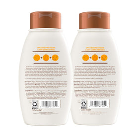 Before-and-after lifestyle shot showing hair shine improvement with Aveeno set