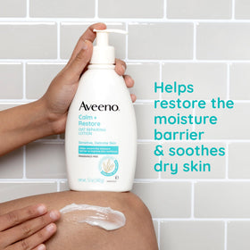 Aveeno lotion being poured onto hand demonstrating fast-absorbing hydration