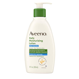Aveeno open cap lotion pour highlighting sheer consistency and spreadability