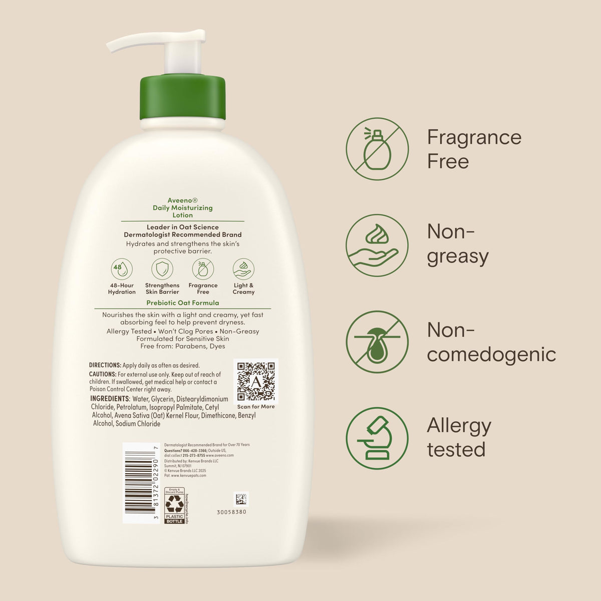 Aveeno back label detail showing fragrance-free, paraben-free benefits