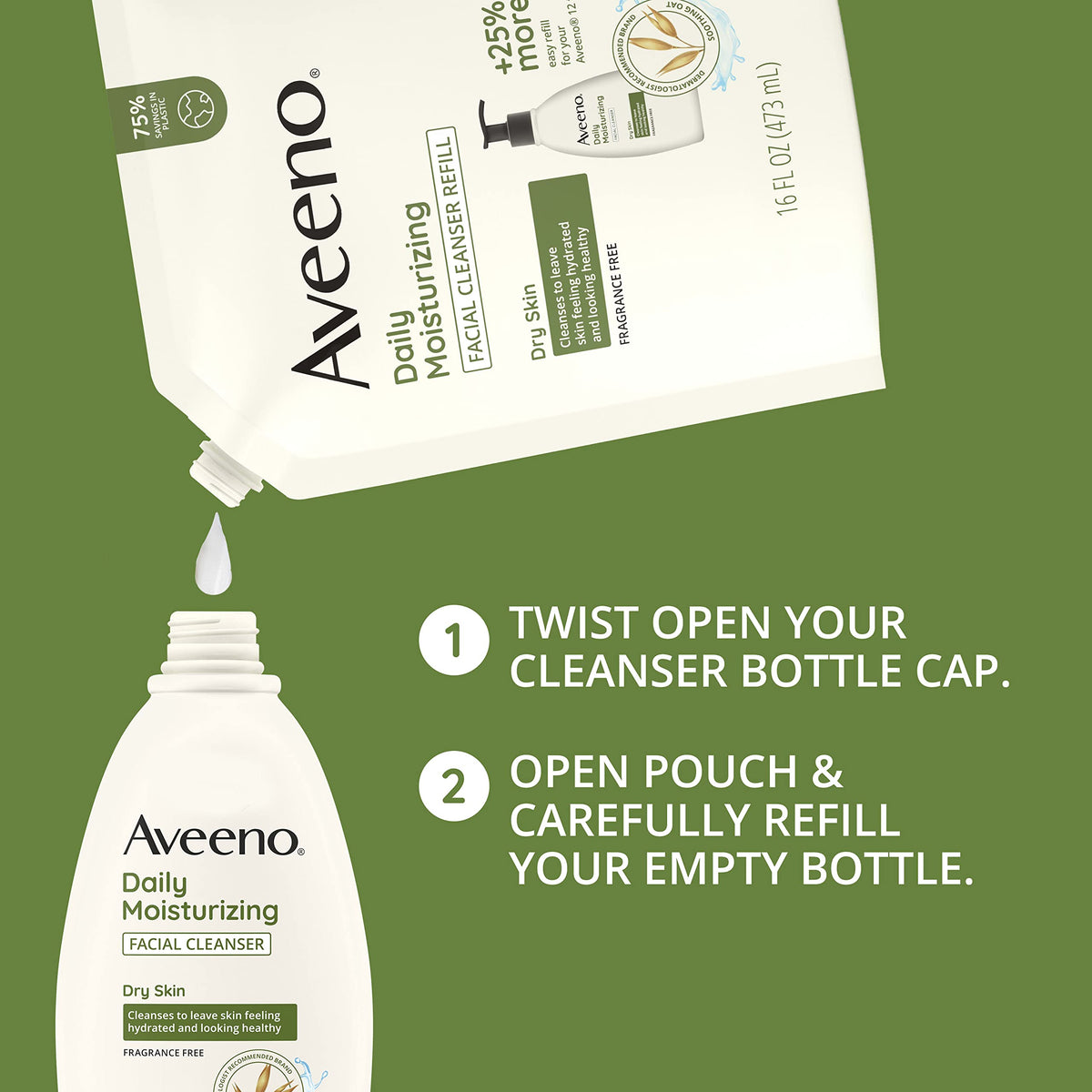 Aveeno pouring pouch into bottle demonstrating easy refill and waste reduction