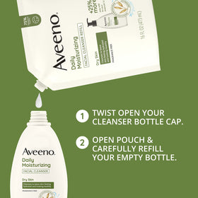 Aveeno pouring pouch into bottle demonstrating easy refill and waste reduction