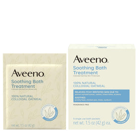 Aveeno powder texture close-up showing fine colloidal oatmeal soothing action